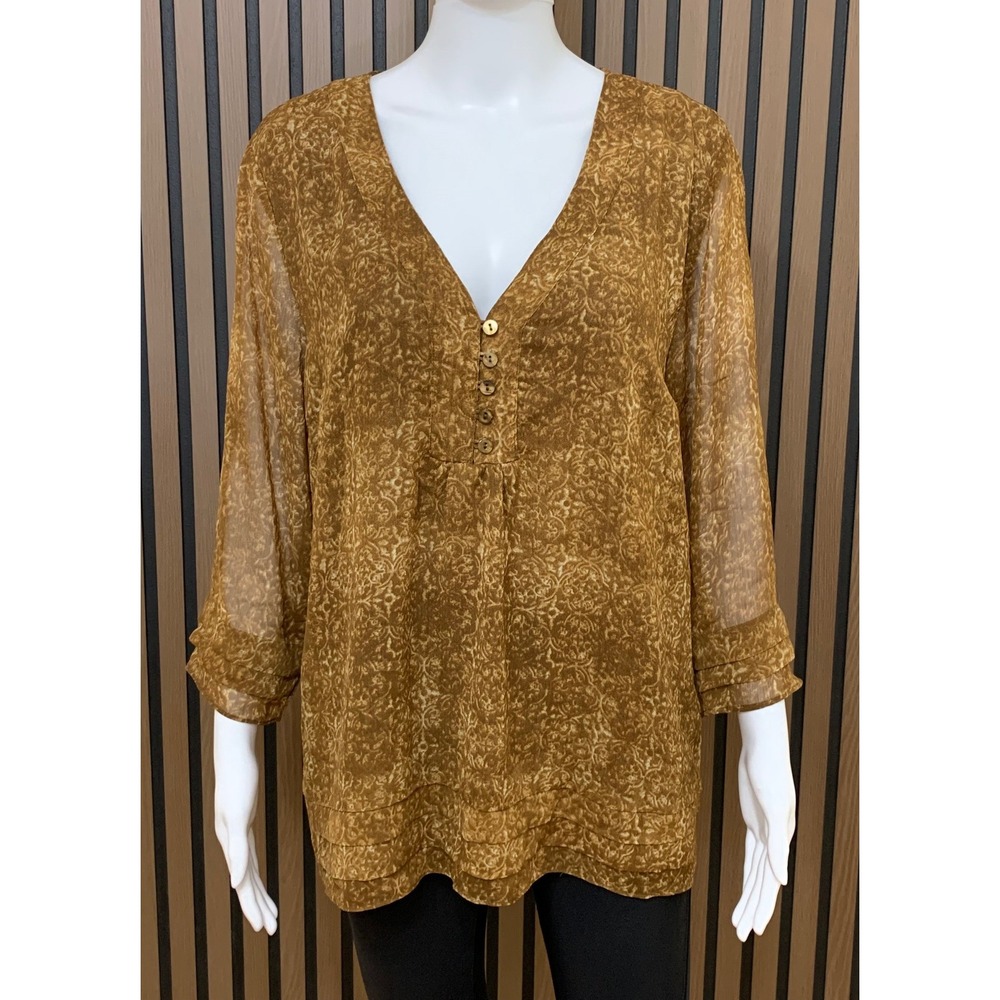 Coldwater Creek Women's Brown Scroll Damask V-Neck Button Blouse Top XL 18